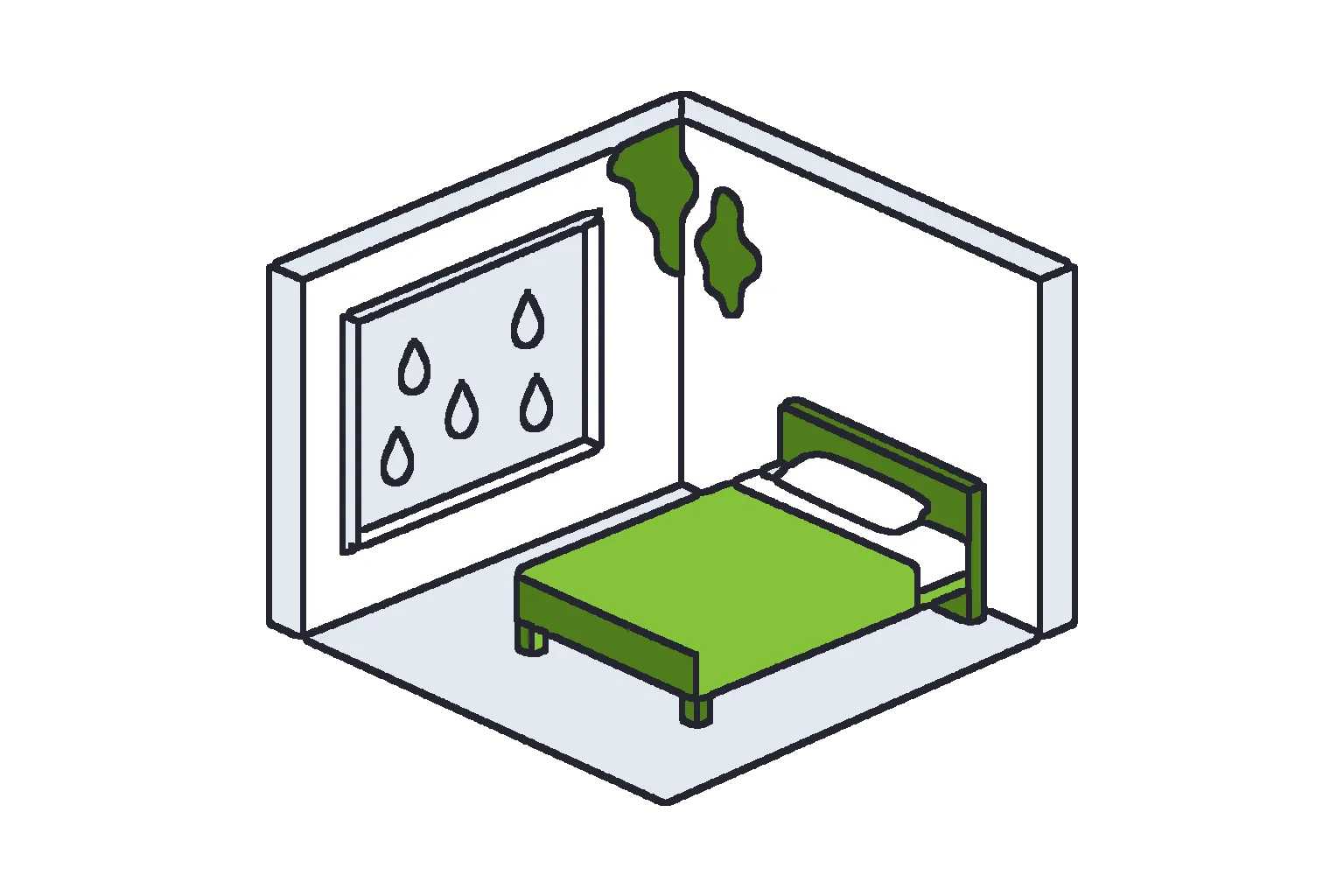 Esquina de un dormitorio con condensación en la ventana y moho en lo alto de la pared.